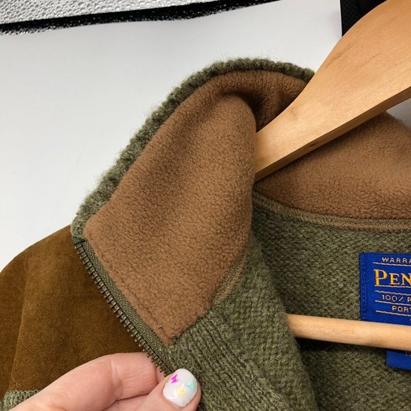 Pendleton Shetland Wool Olive Green Quarter Zip suede elbow patch sweater SP - Picture 8 of 16
